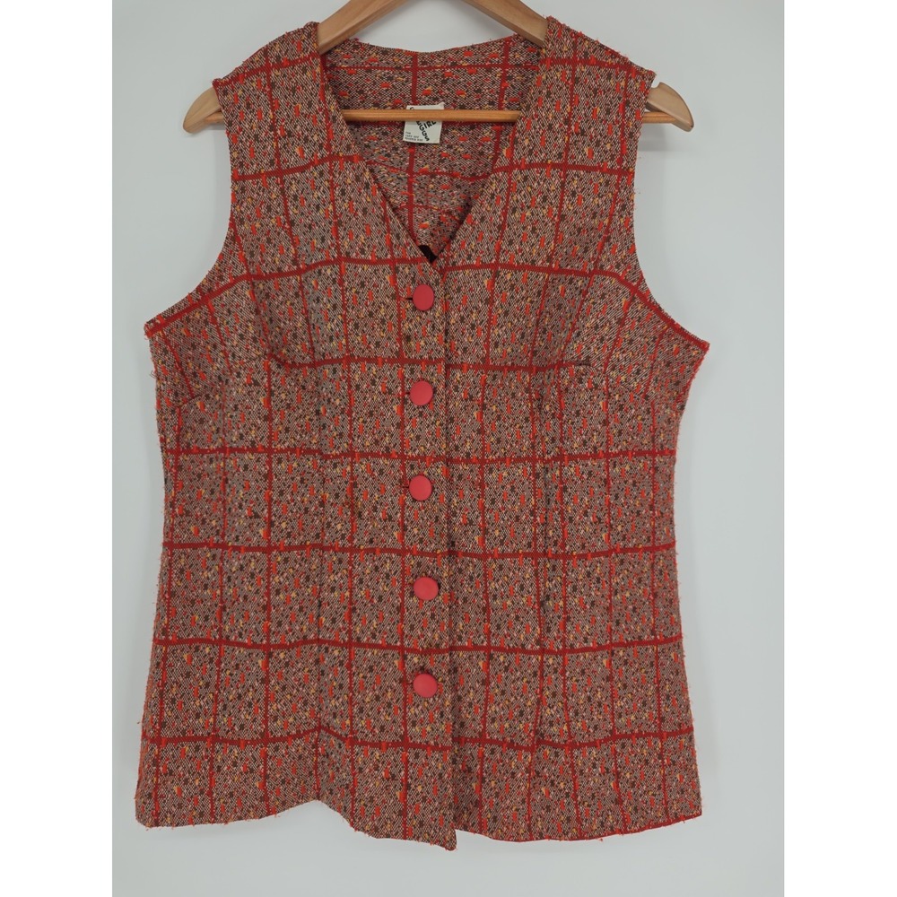 Women's Vintage 70s Orange Button Up Vest Fall Grandma Cottage Grunge Size XL